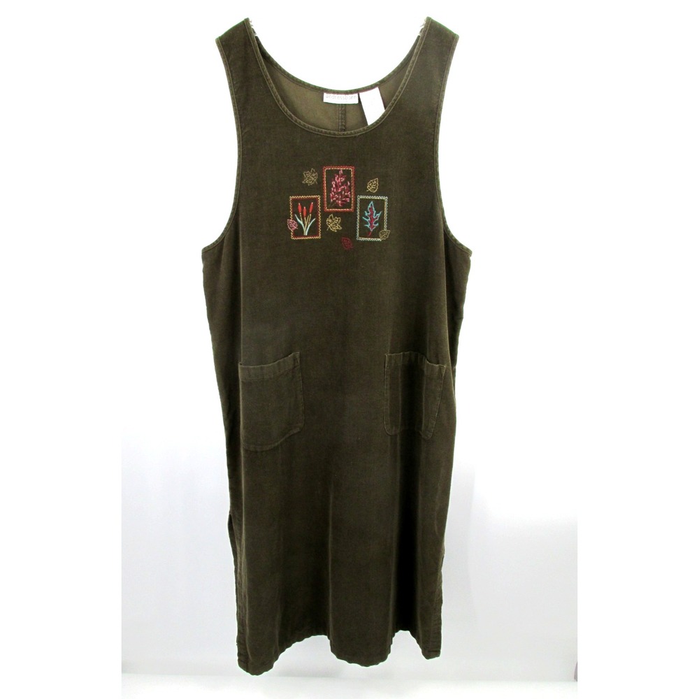 Dress Barn Woman Vintage Brown Corduroy Embroidery Maxi Smock Jumper Dress 1X